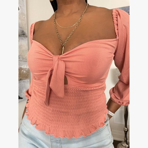 (NWT) Smocked Keyhole Off-Shoulder Top - Salmon - Picture 4 of 8